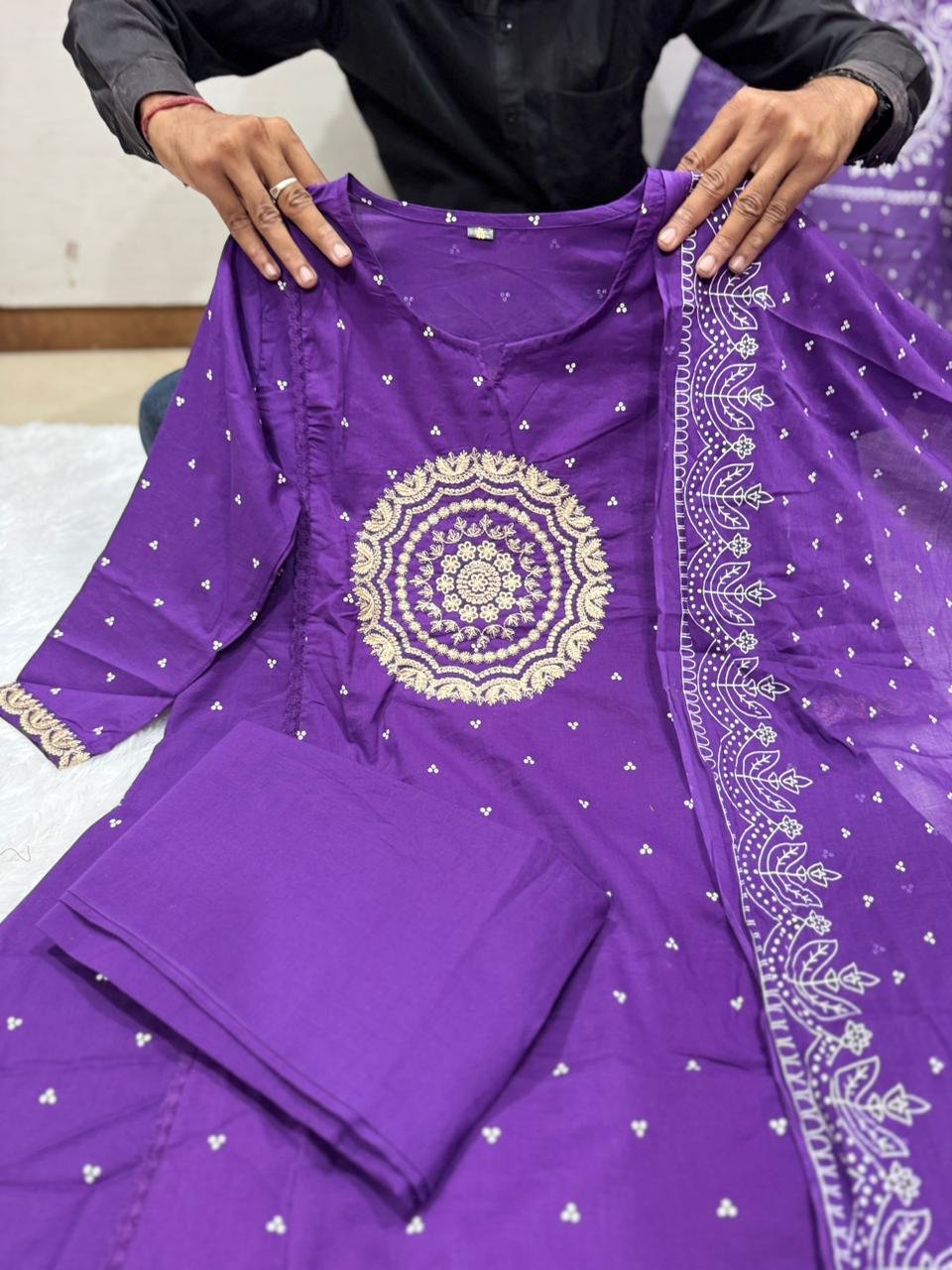 Purple Cotton Suit Set with Embroidered Dupatta